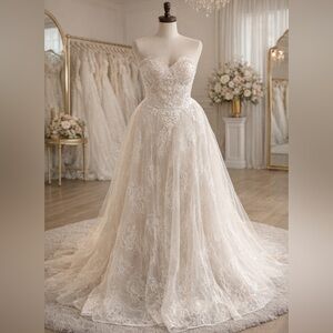 Chantilly Lace & Tulle Strapless Lace A-Line Wedding Dress Blush/Ivory Size 10